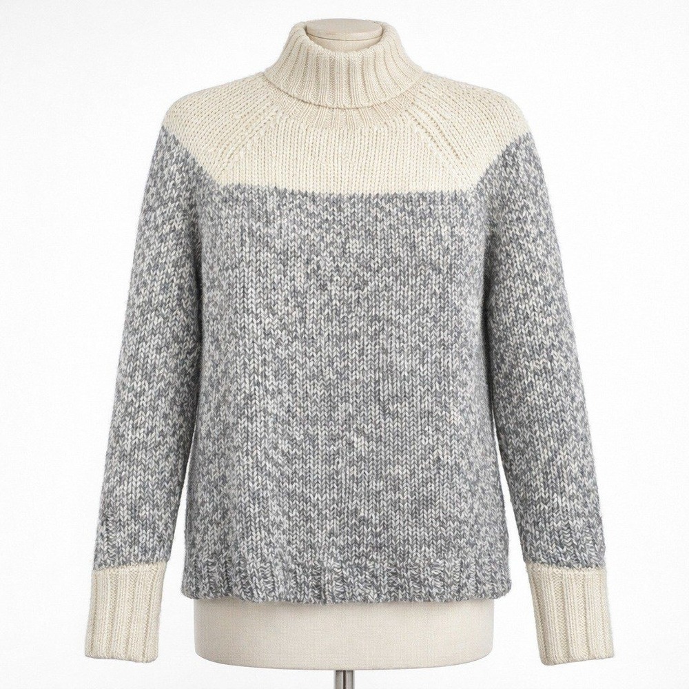 J Crew Alpaca Wool Chunky Knit Turtleneck Sweater Cream Gray Sz L Luxury Classic